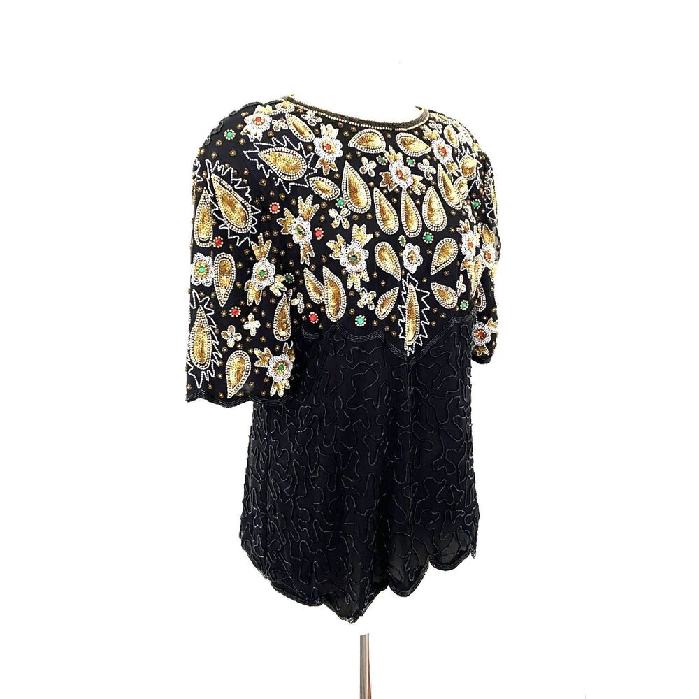 VTG Laurence Kazar Silk Beaded Shoulder Pad Short Sleeve Blouse Old Money Sz L